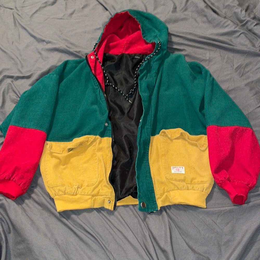 Oversized Color Block Corduroy Jacket w/ hood